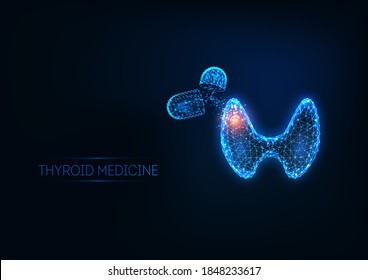Futuristic thyroid disease treatment concept with glowing low polygonal human thyroid gland and medical pills isolated on dark blue background. Modern wire frame mesh design vector illustration.