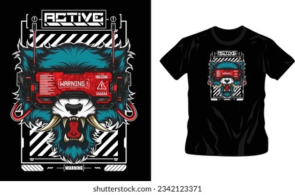 Futuristic tiger head mascot illustration cool t-shirt design editable template