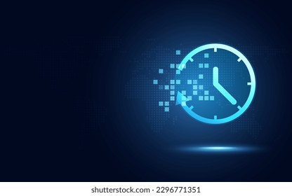 Futuristic time clock hand and clock face digital transformation abstract technology background. Business growth currency stock timer and investment economy. Vector illustration