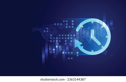 Futuristic time clock hand and clock face digital transformation abstract technology background. Business growth currency stock timer and investment economy. Vector illustration