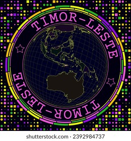 Futuristic Timor-Leste on globe. Bright neon satellite view of the world centered to Timor-Leste. Geographical illustration with shape of country and geometric background. Vibrant vector illustration.