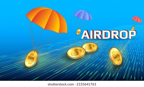 Futuristic token airdrop concept with receding perspective on the digital road and golden coin Dollars USD with parachutes on blue background. Vector illustration.