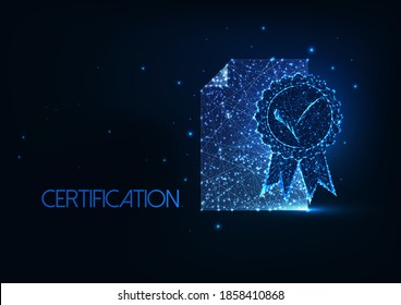 Futuristic top quality certificate concept with glowing low polygonal document with badge with blue ribbon on dark blue background. Modern wireframe mesh design vector illustration.