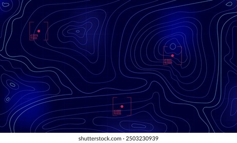 Futuristische topographische Konturlinie UI-Technologie. GPS-Koordinaten-AI-Tracker. Geografisches Kartenmuster für Kartographie. Blaue Vektorgrafik-Vorlage für Druck, Hintergrund und Design-Element.