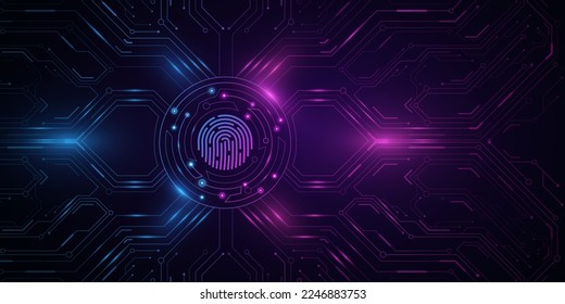 Futuristic touch display with fingerprint verification for user interface. Glowing cpu board. Storage of network user data. UI and UX design. Vector illustration. EPS 10