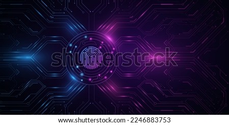 Futuristic touch display with fingerprint verification for user interface. Glowing cpu board. Storage of network user data. UI and UX design. Vector illustration. EPS 10