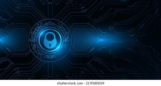 Futuristic touch screen panel with sensor button lock. Modern fingerprint scan with glowing blue computer circuit board. Biometric data security. Dashboard display. Vector illustration. EPS 10