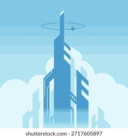 Torres futuristas que muestran con el horizonte de las nubes, ilustración del arte del pixel del tono azul