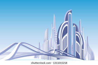 Futuristic Town. Urban View. Skyscrapers. Modern Architecture. Towers and Buildings Exterior. Blue Sky Background. Daytime Cityscape. Bridge to City District. Metropolis Infrastructure. Vector EPS 10.