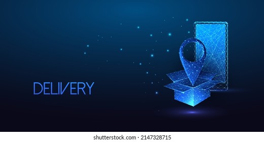 Futuristic tracking online delivery concept with glowing smartphone, package box and gps pointer