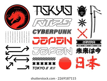 Futuristic and traditional japan streetwear elements for t-shirt, merch, apparel. Japan t-shirt prints, futuristic lettering. Graphic box. Translation from Japanese - tokyo, japan, future is now