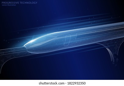 
Futuristic train on a mono rail on a dark blue background, polygonal vector illustration, a symbol of the future of logistics and technology.