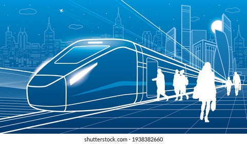 Futuristic train at station. Passengers board on locomotive. Transportation infrastructure illustration. Vector outline design art