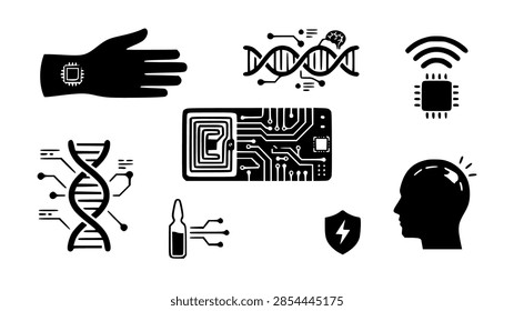 Futuristic Transhumanism Icon Set Featuring DNA Circuitry and Neural Implant Silhouettes for Biohacking Concepts