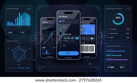 Futuristic transit mobile app dashboard with live route screen, fare card, crowding chart, node telemetry, and transfer efficiency panels