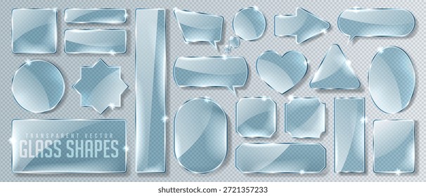 Futuristic transparent 3d glass or mirror frame or banner with rainbow glitter light. Crystal pattern of star, arrow, speech bubble, heart or love. Liquid plastic icon for mobile phone game interface.