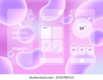 Futuristic transparent app UI with purple gradient and bubbles for a visually appealing user experience