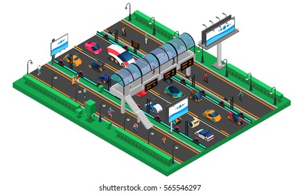 Futuristic transport isometric template with conceptual cars of future highway pedestrian bridge and billboards vector illustration