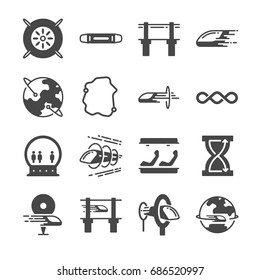 Futuristic transportation icon set. Included the icons as hyper, train, loop, speed, acceleration and more.