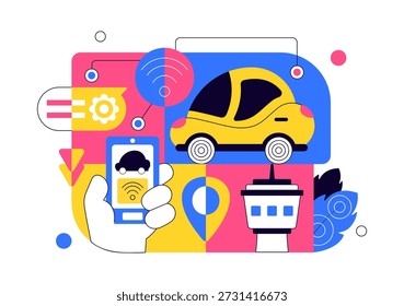 Ilustración vectorial Futurista Del Sistema Del Transporte con La Movilidad Inteligente, Los Vehículos Autónomos, Y La Infraestructura Urbana con El Fondo Plano