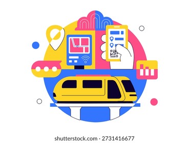 Ilustración vectorial Futurista Del Sistema Del Transporte con La Movilidad Inteligente, Los Vehículos Autónomos, Y La Infraestructura Urbana con El Fondo Plano