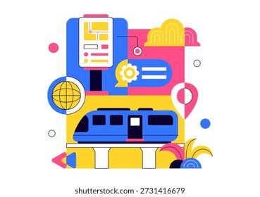 Ilustración vectorial Futurista Del Sistema Del Transporte con La Movilidad Inteligente, Los Vehículos Autónomos, Y La Infraestructura Urbana con El Fondo Plano