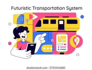 Ilustración vectorial Futurista Del Sistema Del Transporte con La Movilidad Inteligente, Los Vehículos Autónomos, Y La Infraestructura Urbana con El Fondo Plano
