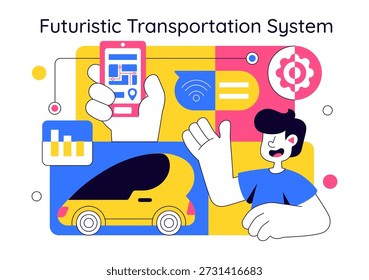 Ilustración vectorial Futurista Del Sistema Del Transporte con La Movilidad Inteligente, Los Vehículos Autónomos, Y La Infraestructura Urbana con El Fondo Plano
