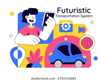 Ilustración vectorial Futurista Del Sistema Del Transporte con La Movilidad Inteligente, Los Vehículos Autónomos, Y La Infraestructura Urbana con El Fondo Plano