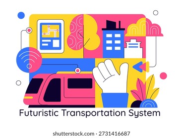 Ilustración vectorial Futurista Del Sistema Del Transporte con La Movilidad Inteligente, Los Vehículos Autónomos, Y La Infraestructura Urbana con El Fondo Plano