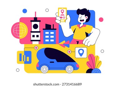 Ilustración vectorial Futurista Del Sistema Del Transporte con La Movilidad Inteligente, Los Vehículos Autónomos, Y La Infraestructura Urbana con El Fondo Plano