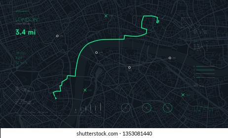 Futuristic travel GPS map or location navigator, navigate mapping technology and final destination on the streets of the city London, high tech vector background