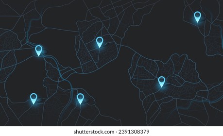 Futuristic travel gps map or location navigator vector illustration. Multiple destinations. Gps tracking map. Track navigation pins on street maps, navigate mapping technology and locate position pin.