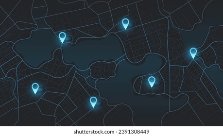 Ilustración vectorial del mapa de gps de viaje futurista o del navegador de ubicación. Varios destinos. Mapa de seguimiento de Gps. Rastrear los pines de navegación en los mapas callejeros, navegar por la tecnología de mapeo y localizar el pin de posición.