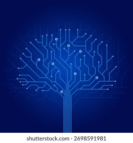 Futuristischer Baum aus leuchtenden blauen Schaltkreisen, der Technologie, Wachstum und Innovation symbolisiert