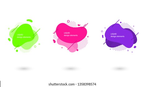 Futuristic trendy abstract liquid set. Flat geometric fluid elements with Proton Purple, UFO green and Plastic Pink colors. Liquid elements for flyer, presentation, banner or social post. EPS 10
