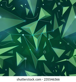 Futuristic triangles and lines connecting dots. Abstract geometric seamless pattern.