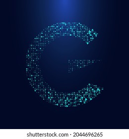 Futuristic triangular letter G in halftone. Letter illustration isolated on dark background.