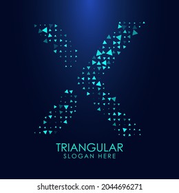Futuristic triangular letter X in halftone. Letter illustration isolated on dark background.
