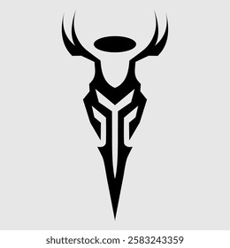 A futuristic tribal deer head logo with sharp, symmetrical lines and a halo. Perfect for tattoo designs, gaming, branding, and modern digital art. Represents strength, mysticism, and elegance
