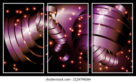 Futuristic triptych in burgundy tones. Twisted stripes, lights, glare and glow are randomly located on a dark background. Three images in white thin frames. Vector. 