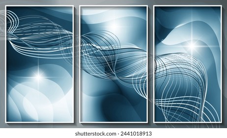 Futuristic triptych in cyan tones. A composition of three images in white thin frames for interior decoration, blog design, social media accounts, corporate design and your other projects. Vector.