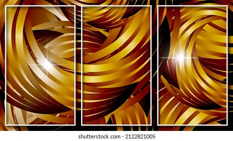 Futuristic triptych in fiery tones. Chaotically overlapping golden curved stripes, highlights and glows. Three images in white thin frames. Vector. 