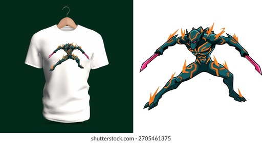 Um design de camiseta futurista retratando um ninja cibernético em uma pose de ataque agachada, com linhas de armadura de neon, bordas brilhantes, garras afiadas e silhueta angular ágil. A energia de ficção científica, paleta elétrica