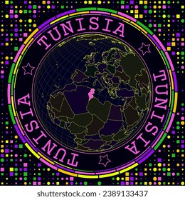 Futuristic Tunisia on globe. Bright neon satelite view of the world centered to Tunisia. Geographical illustration with shape of country and geometric background. Stylish vector illustration.