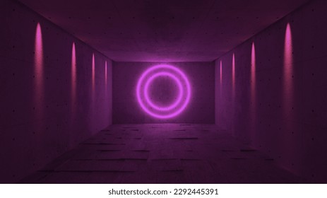 Futuristic tunnel with light and interior views. 3rd performance 3d background purple circle upper light