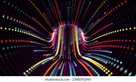 A futuristic tunnel made up of colored dots with trawls. DOF. Background for presentation