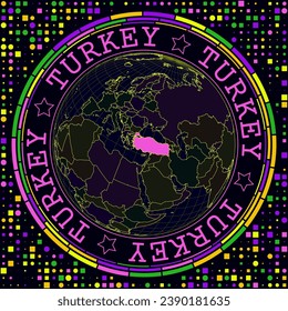 Futuristic Turkey on globe. Bright neon satelite view of the world centered to Turkey. Geographical illustration with shape of country and geometric background. Radiant vector illustration.