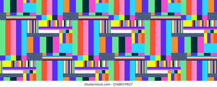 Futuristic TV glitch. Pixel distorted signal on a TV screen in neon colors. Seamless background of technical lines, interference, noise.