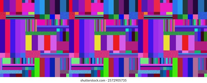 Futuristic TV glitch. Pixel distorted signal on a TV screen in neon colors. Seamless background of technical lines, interference, noise.